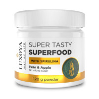 LUXOYA SUPER TASTY SUPERFOOD - KÖRTE-ALMA ÍZESÍTÉSŰ SPIRULINÁT, ZÖLD ALGÁT ÉS ZÖLD BÚZAFÜVET TARTALMAZÓ ÉTREND-KIEGÉSZÍTŐ ITALPOR 120 g