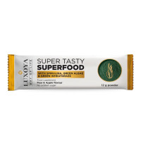 LUXOYA SUPER TASTY SUPERFOOD - KÖRTE-ALMA ÍZESÍTÉSŰ SPIRULINÁT, ZÖLD ALGÁT ÉS ZÖLD BÚZAFÜVET TARTALMAZÓ ÉTREND-KIEGÉSZÍTŐ ITALPOR 12 g
